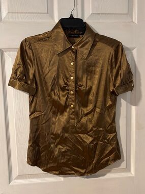New York & Company Bronze-Gold Short-Sleeve Satin Button Front Blouse